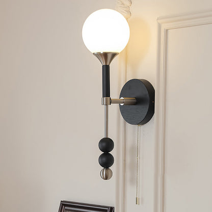 Traditional Vintage Cylinder Orb Beads Alloy Wood Glass Shade 1-Light Wall Sconce Lamp For Living Room