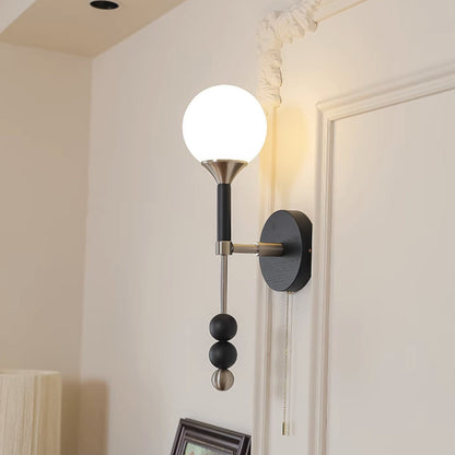 Traditional Vintage Cylinder Orb Beads Alloy Wood Glass Shade 1-Light Wall Sconce Lamp For Living Room