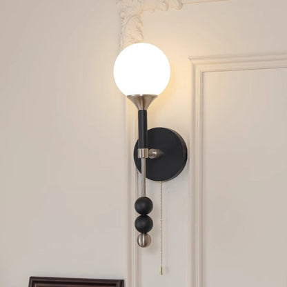 Traditional Vintage Cylinder Orb Beads Alloy Wood Glass Shade 1-Light Wall Sconce Lamp For Living Room