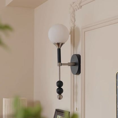 Traditional Vintage Cylinder Orb Beads Alloy Wood Glass Shade 1-Light Wall Sconce Lamp For Living Room