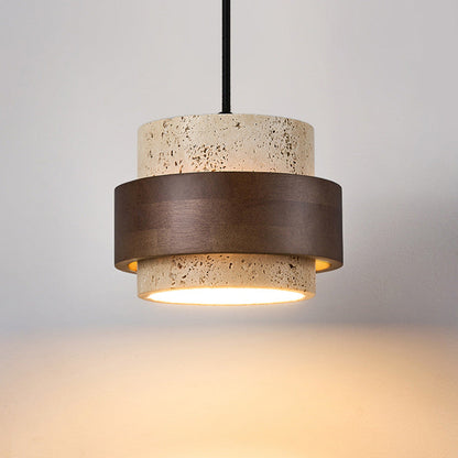 Traditional Japanese Cylinder Solid Wood Travertine 1-Light Pendant Light For Bedroom