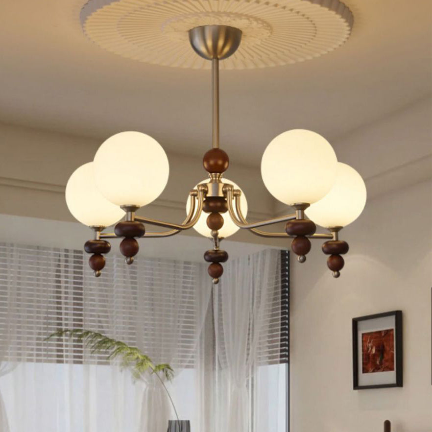 Traditional Vintage Branch Straight Pole Round Globe Iron Wood Frame Glass Shade 3/5/8 Light Chandelier For Living Room
