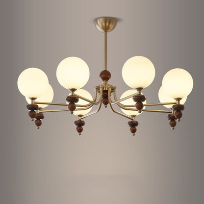 Traditional Vintage Branch Straight Pole Round Globe Iron Wood Frame Glass Shade 3/5/8 Light Chandelier For Living Room