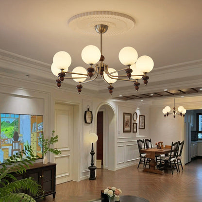 Traditional Vintage Branch Straight Pole Round Globe Iron Wood Frame Glass Shade 3/5/8 Light Chandelier For Living Room