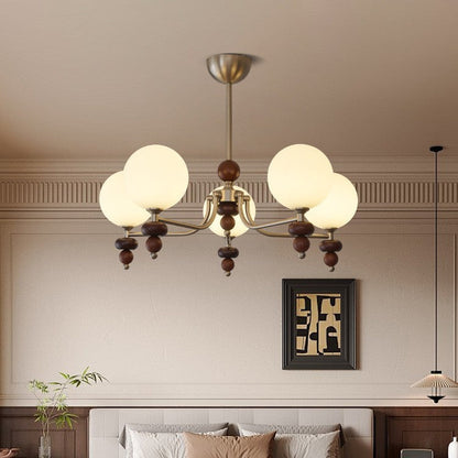 Traditional Vintage Branch Straight Pole Round Globe Iron Wood Frame Glass Shade 3/5/8 Light Chandelier For Living Room