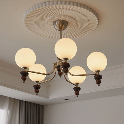 Traditional Vintage Branch Straight Pole Round Globe Iron Wood Frame Glass Shade 3/5/8 Light Chandelier For Living Room