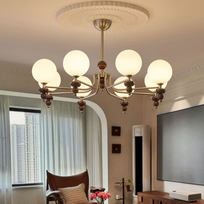 Traditional Vintage Branch Straight Pole Round Globe Iron Wood Frame Glass Shade 3/5/8 Light Chandelier For Living Room