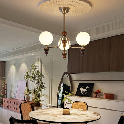 Traditional Vintage Branch Straight Pole Round Globe Iron Wood Frame Glass Shade 3/5/8 Light Chandelier For Living Room