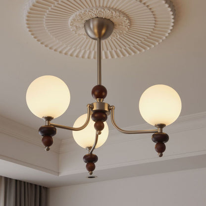 Traditional Vintage Branch Straight Pole Round Globe Iron Wood Frame Glass Shade 3/5/8 Light Chandelier For Living Room
