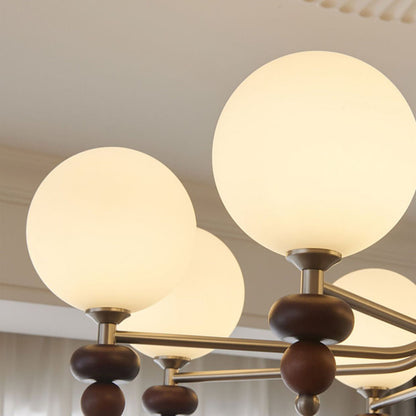 Traditional Vintage Branch Straight Pole Round Globe Iron Wood Frame Glass Shade 3/5/8 Light Chandelier For Living Room