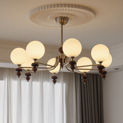 Traditional Vintage Branch Straight Pole Round Globe Iron Wood Frame Glass Shade 3/5/8 Light Chandelier For Living Room