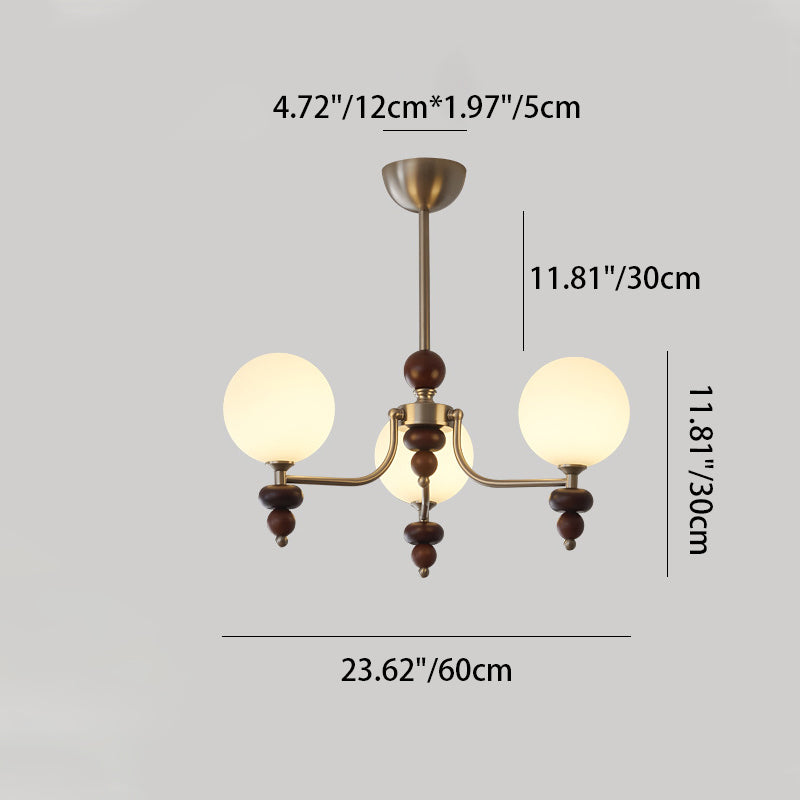 Traditional Vintage Branch Straight Pole Round Globe Iron Wood Frame Glass Shade 3/5/8 Light Chandelier For Living Room
