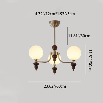 Traditional Vintage Branch Straight Pole Round Globe Iron Wood Frame Glass Shade 3/5/8 Light Chandelier For Living Room