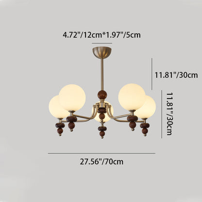 Traditional Vintage Branch Straight Pole Round Globe Iron Wood Frame Glass Shade 3/5/8 Light Chandelier For Living Room