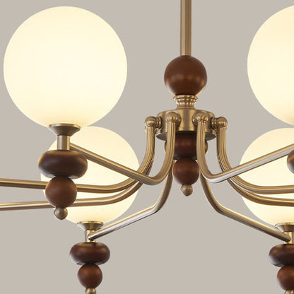 Traditional Vintage Branch Straight Pole Round Globe Iron Wood Frame Glass Shade 3/5/8 Light Chandelier For Living Room