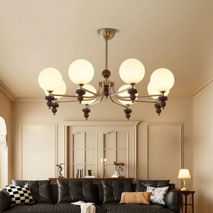 Traditional Vintage Branch Straight Pole Round Globe Iron Wood Frame Glass Shade 3/5/8 Light Chandelier For Living Room