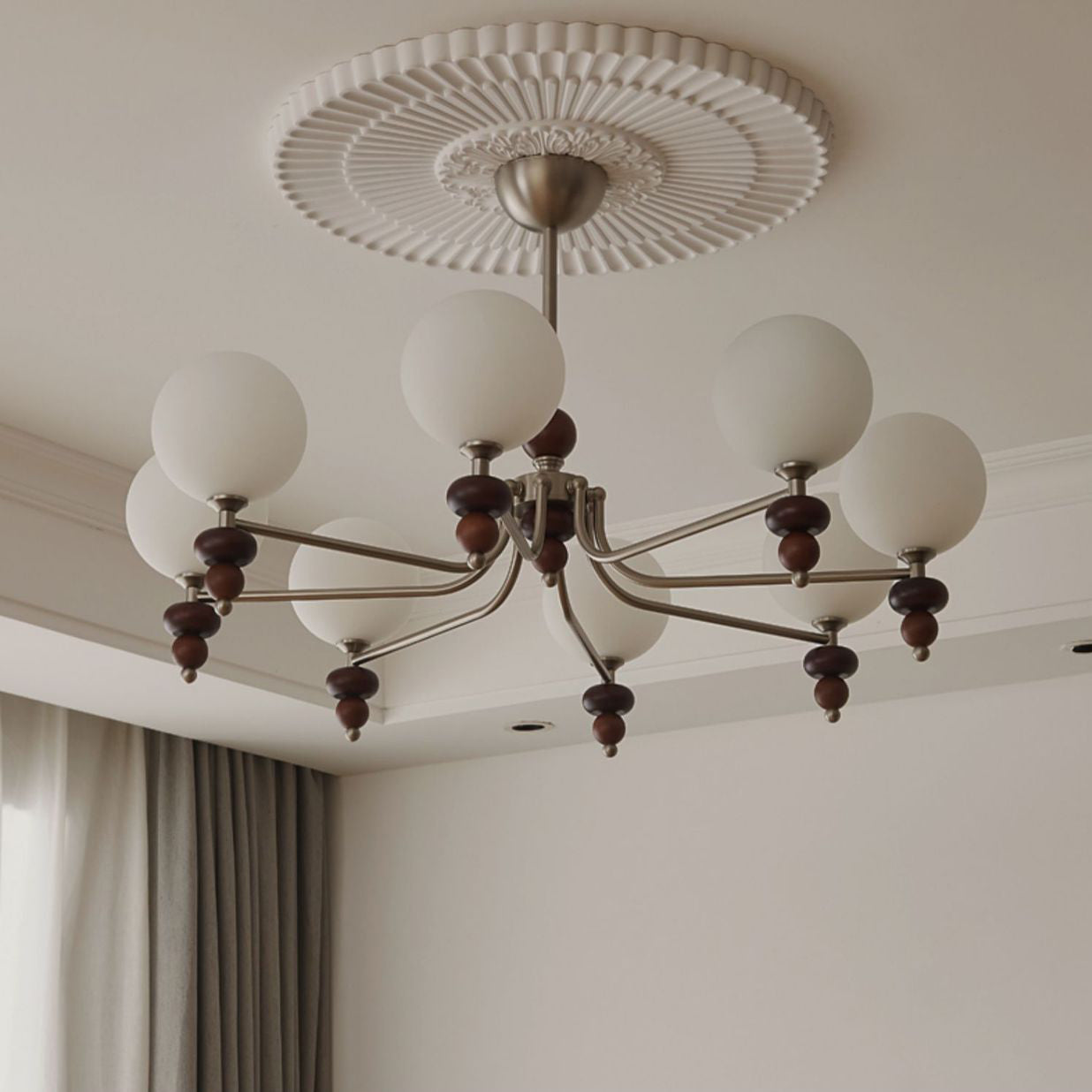 Traditional Vintage Branch Straight Pole Round Globe Iron Wood Frame Glass Shade 3/5/8 Light Chandelier For Living Room
