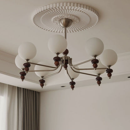 Traditional Vintage Branch Straight Pole Round Globe Iron Wood Frame Glass Shade 3/5/8 Light Chandelier For Living Room