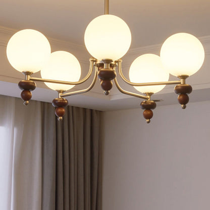 Traditional Vintage Branch Straight Pole Round Globe Iron Wood Frame Glass Shade 3/5/8 Light Chandelier For Living Room