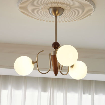 Contemporary Retro Branch Curved Rod Round Ball Magic Bean Wood Iron Frame Glass Shade 3/5/8/10 Light Chandelier For Living Room