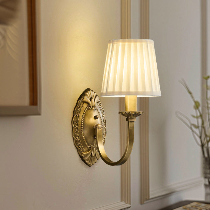 Traditional Vintage Curved Pole Round Trapezoidal Stripe Fabric Shade Brass 1/2 Light Wall Sconce Lamp For Living Room
