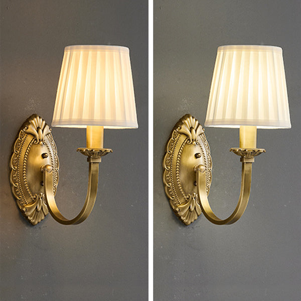 Traditional Vintage Curved Pole Round Trapezoidal Stripe Fabric Shade Brass 1/2 Light Wall Sconce Lamp For Living Room