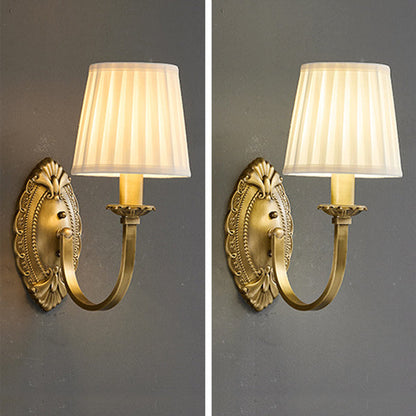Traditional Vintage Curved Pole Round Trapezoidal Stripe Fabric Shade Brass 1/2 Light Wall Sconce Lamp For Living Room