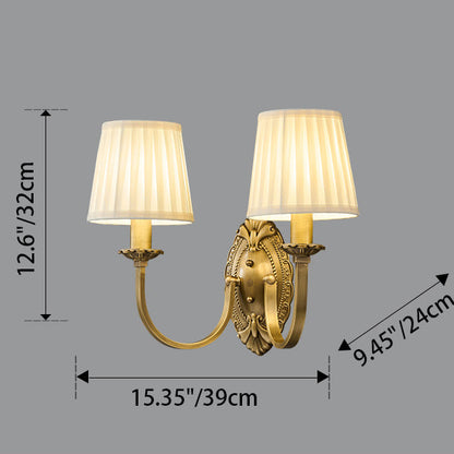 Traditional Vintage Curved Pole Round Trapezoidal Stripe Fabric Shade Brass 1/2 Light Wall Sconce Lamp For Living Room
