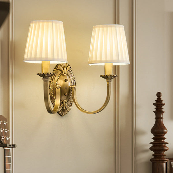 Traditional Vintage Curved Pole Round Trapezoidal Stripe Fabric Shade Brass 1/2 Light Wall Sconce Lamp For Living Room