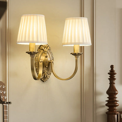 Traditional Vintage Curved Pole Round Trapezoidal Stripe Fabric Shade Brass 1/2 Light Wall Sconce Lamp For Living Room