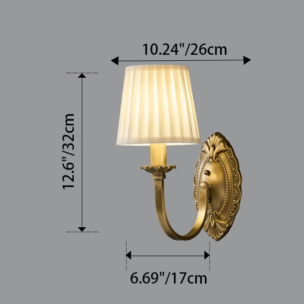Traditional Vintage Curved Pole Round Trapezoidal Stripe Fabric Shade Brass 1/2 Light Wall Sconce Lamp For Living Room