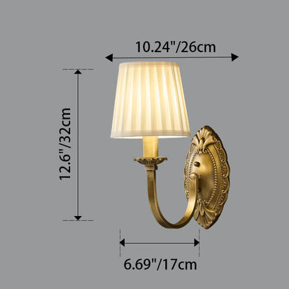 Traditional Vintage Curved Pole Round Trapezoidal Stripe Fabric Shade Brass 1/2 Light Wall Sconce Lamp For Living Room