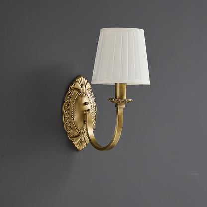 Traditional Vintage Curved Pole Round Trapezoidal Stripe Fabric Shade Brass 1/2 Light Wall Sconce Lamp For Living Room