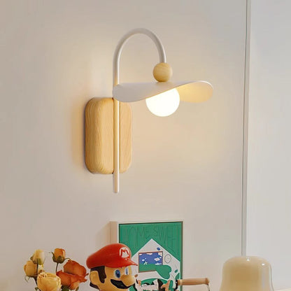 Modern Minimalist Curved Pole Round Globe Wood Iron Frame Glass Shade 1-Light Wall Sconce Lamp For Bedroom