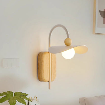 Modern Minimalist Curved Pole Round Globe Wood Iron Frame Glass Shade 1-Light Wall Sconce Lamp For Bedroom