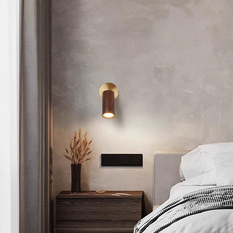 مصباح حائط LED بتصميم أسطواني دائري عصري بسيط مصنوع من النحاس والخشب لغرفة النوم 