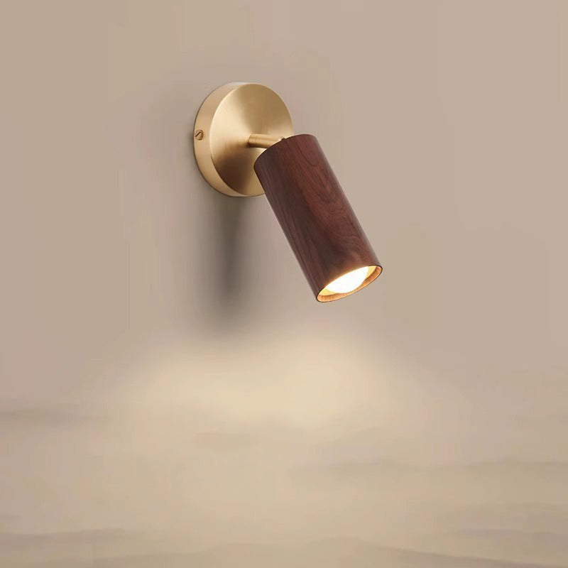 مصباح حائط LED بتصميم أسطواني دائري عصري بسيط مصنوع من النحاس والخشب لغرفة النوم 