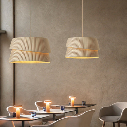 Contemporary Nordic Cream Round Trapezoidal Stripe Fabric Shade Hardware 1-Light Pendant Light For Living Room