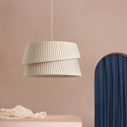Contemporary Nordic Cream Round Trapezoidal Stripe Fabric Shade Hardware 1-Light Pendant Light For Living Room