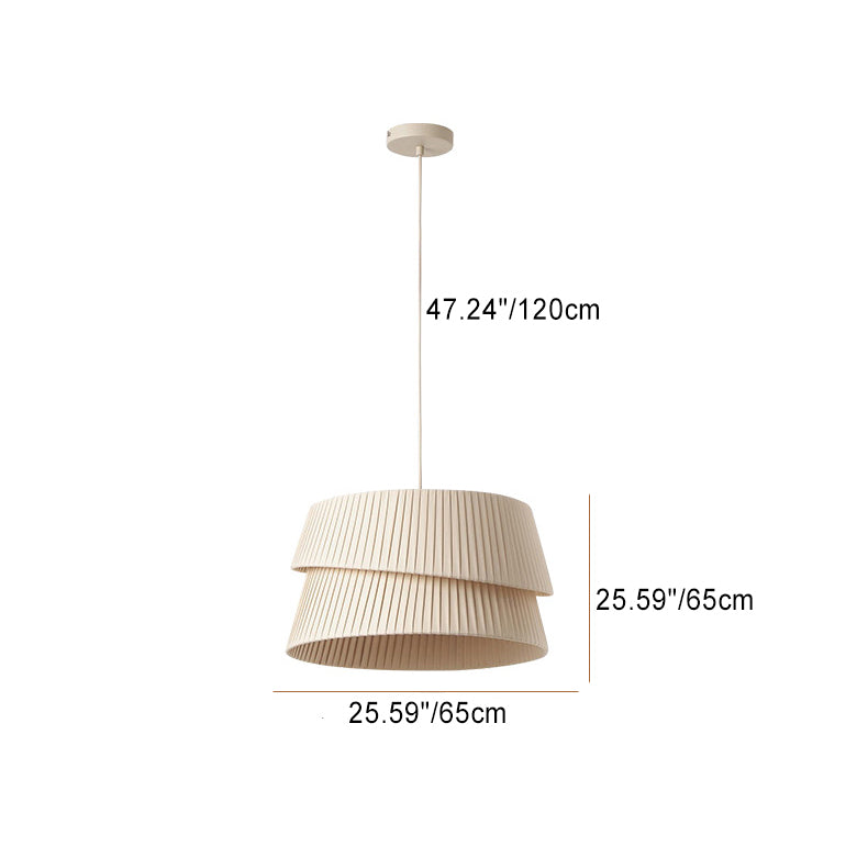 Contemporary Nordic Cream Round Trapezoidal Stripe Fabric Shade Hardware 1-Light Pendant Light For Living Room