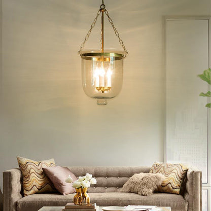 Traditional Vintage Round Cup Shape Glass Shade Candelabra Iron Frame 3-Light Pendant Light For Living Room