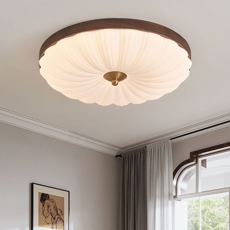 Contemporary Retro Round Flower Petal Copper Wood Acrylic LED Flush Mount Ceiling Light For Living Room