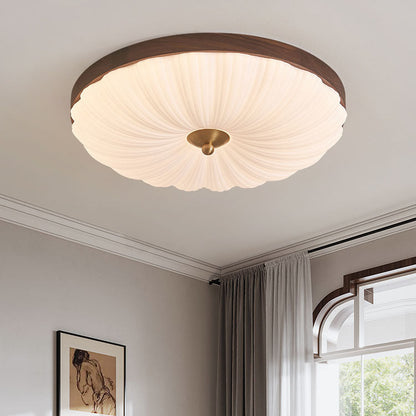 Contemporary Retro Round Flower Petal Copper Wood Acrylic LED Flush Mount Ceiling Light For Living Room