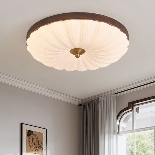 Contemporary Retro Round Flower Petal Copper Wood Acrylic LED Flush Mount Ceiling Light For Living Room