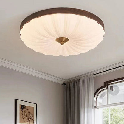 Contemporary Retro Round Flower Petal Copper Wood Acrylic LED Flush Mount Ceiling Light For Living Room