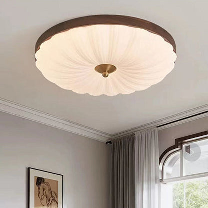 Contemporary Retro Round Flower Petal Copper Wood Acrylic LED Flush Mount Ceiling Light For Living Room
