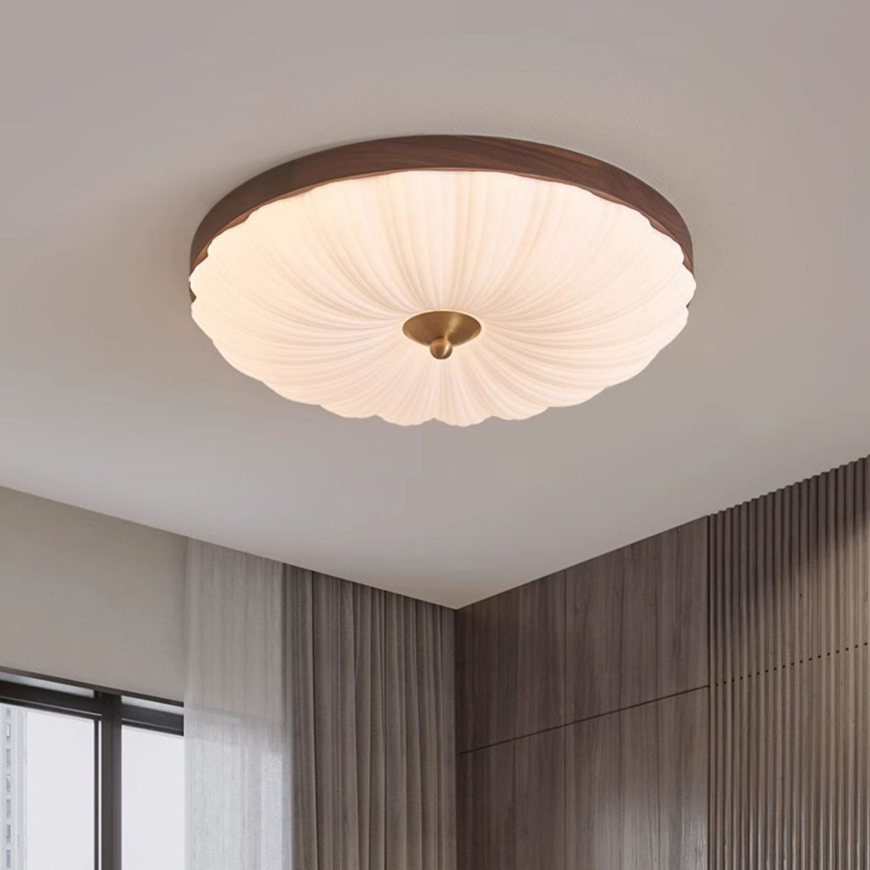 Contemporary Retro Round Flower Petal Copper Wood Acrylic LED Flush Mount Ceiling Light For Living Room