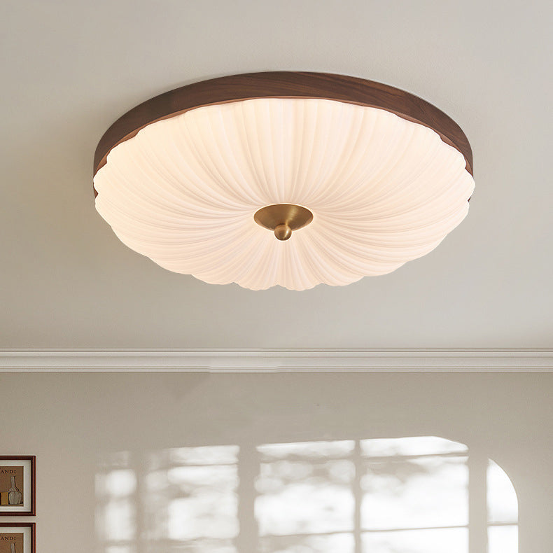 Contemporary Retro Round Flower Petal Copper Wood Acrylic LED Flush Mount Ceiling Light For Living Room