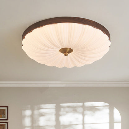 Contemporary Retro Round Flower Petal Copper Wood Acrylic LED Flush Mount Ceiling Light For Living Room