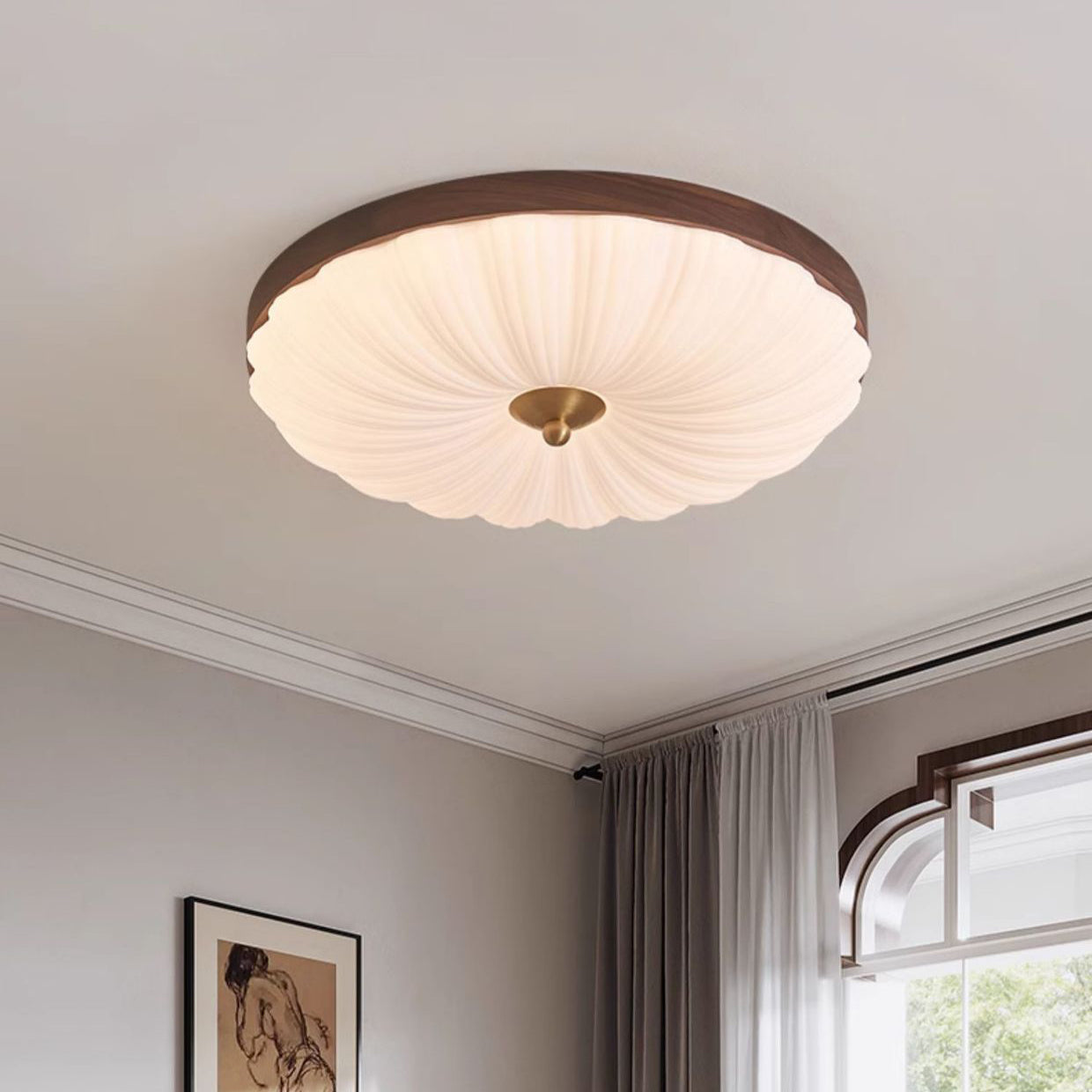 Contemporary Retro Round Flower Petal Copper Wood Acrylic LED Flush Mount Ceiling Light For Living Room